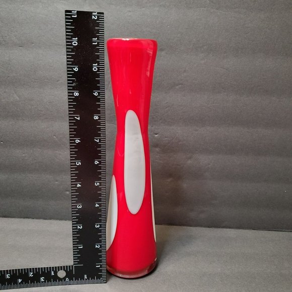 Red and White Cased Glass Vase, Art Glass, Polka Dot Coin Dots, 11", Red Vase - Picture 4 of 7